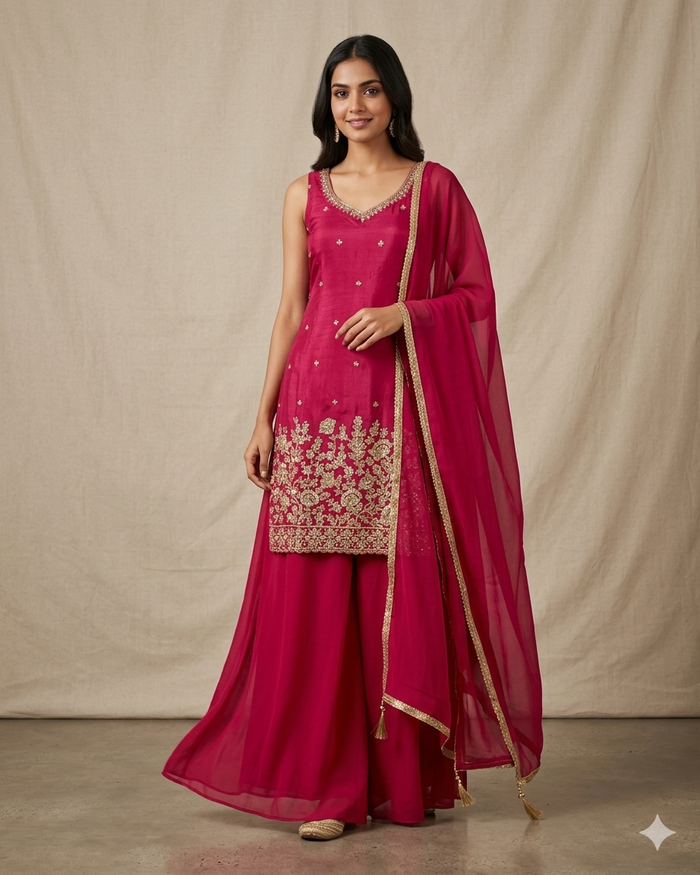UK 12 / 38" - Fuchsia Pink - Ladies Sharara / Palazzo Trousers Suit - UK Stock - Sangeet / Henna / Weddings - OC76148 TA