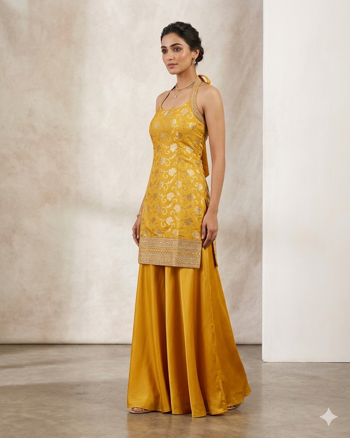 UK 12 / 38" - Haldi Yellow - Ladies Sharara / Palazzo Trousers Suit - UK Stock - Sangeet / Henna / Weddings - OC8286 VA