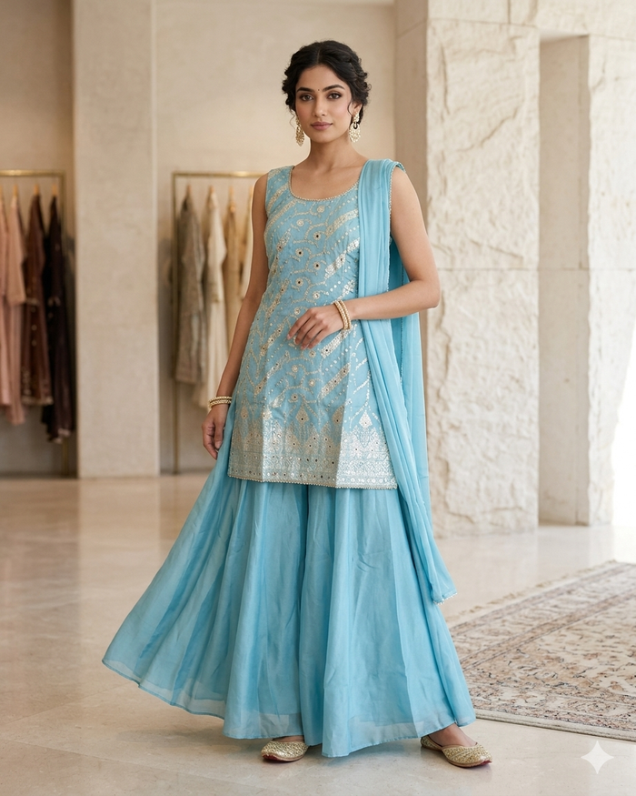 UK 12 / 38" - Light Blue - Ladies Sharara / Palazzo Trousers Suit - UK Stock - Sangeet / Henna / Weddings - DIL8571 VJ