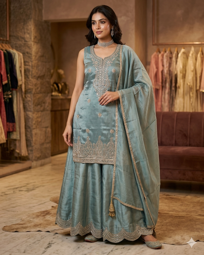 UK 12 / 38" - Light Blue - Ladies Sharara / Palazzo Trousers Suit - UK Stock - Sangeet / Henna / Weddings - DIL2740 TT