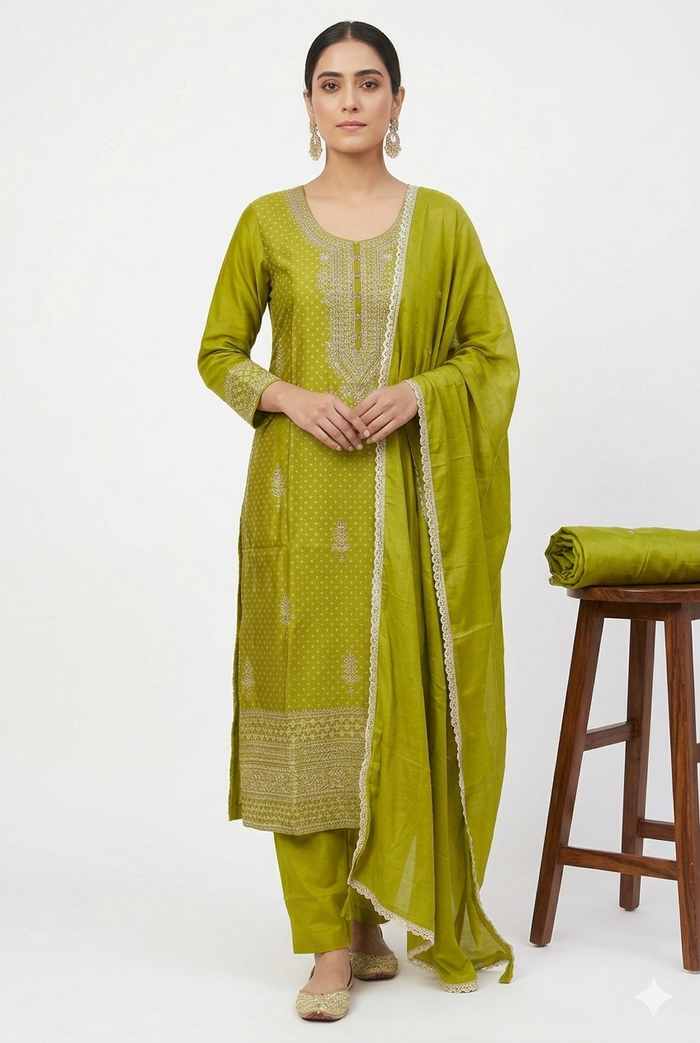 UK 12 / 38" - Olive Green - Crepe Ladies Anarakali Suit - Sangeet / Henna / Temple - OC45076 TT