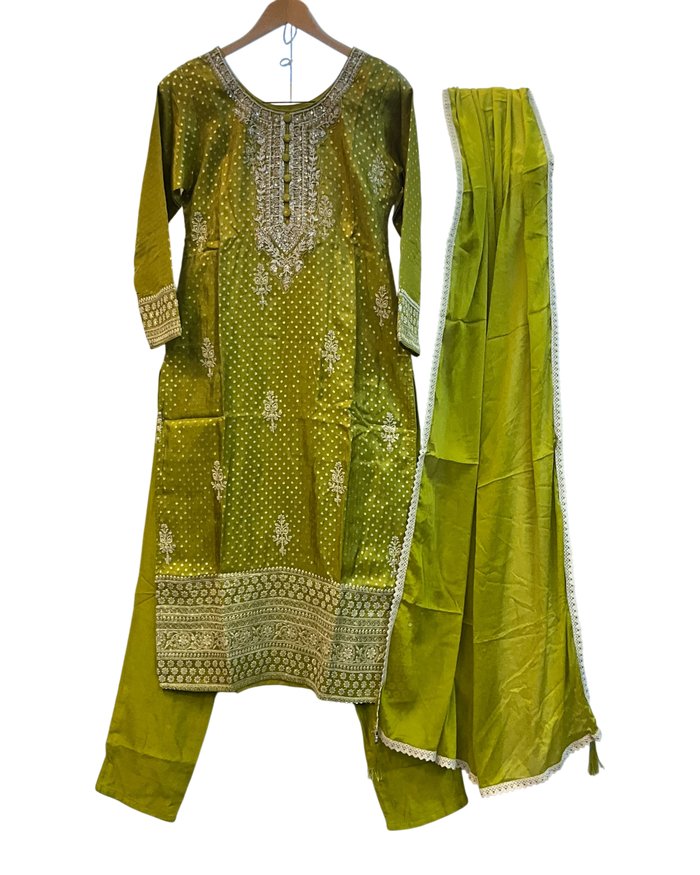 UK 12 / 38" - Olive Green - Crepe Ladies Anarakali Suit - Sangeet / Henna / Temple - OC45076 TT