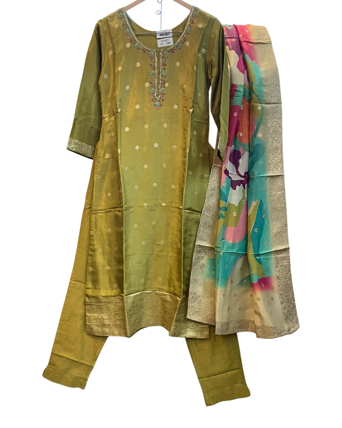 UK 12 / 38" - Olive Green - Silky Ladies Trousers Suit - Sangeet / Henna / Temple - OC34091 TC