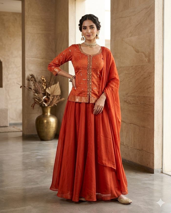 UK 12 / 38" - Orange - Ladies Sharara / Palazzo Trousers Suit - UK Stock - Sangeet / Henna / Weddings - DIL8640 TP