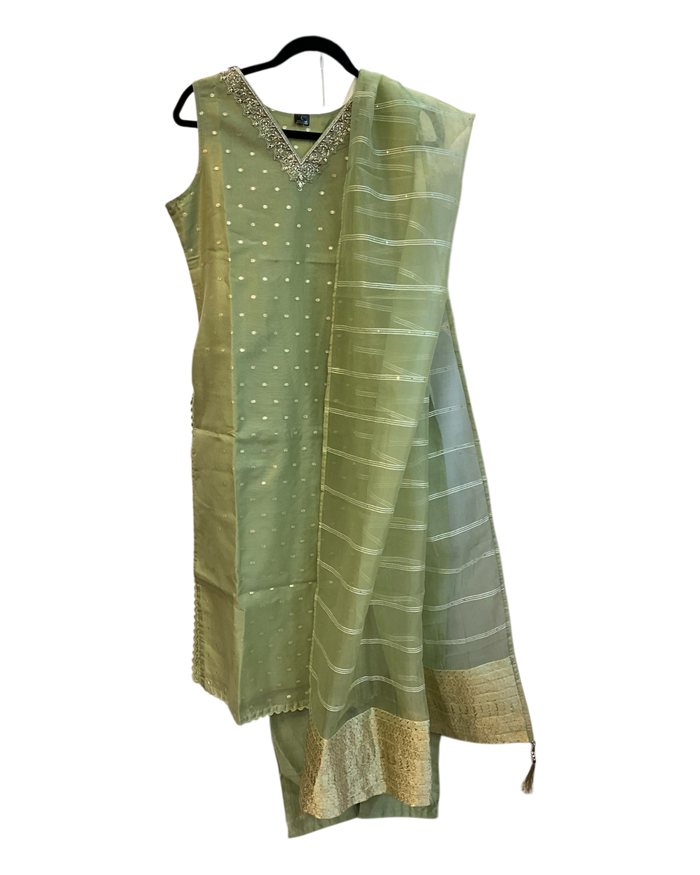 UK 12 / 38" - Sage Green - Cotton Silky Ladies Trousers Suit - Sangeet / Henna / Temple - OC16090 VJ