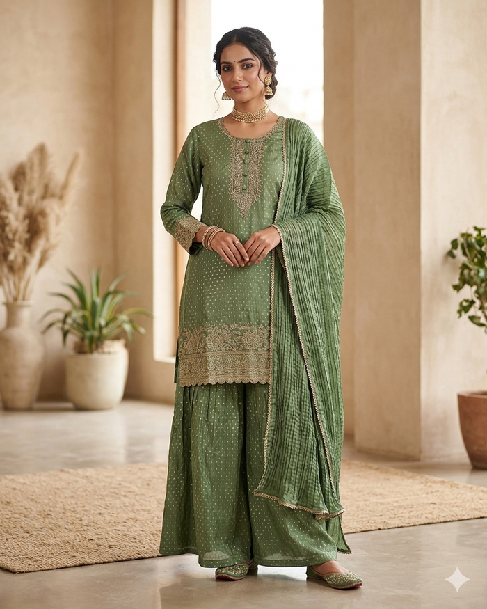 UK 12 / 38" - Sage Green - Ladies Sharara / Palazzo Trousers Suit - UK Stock - Sangeet / Henna / Weddings - HEL6501 JY