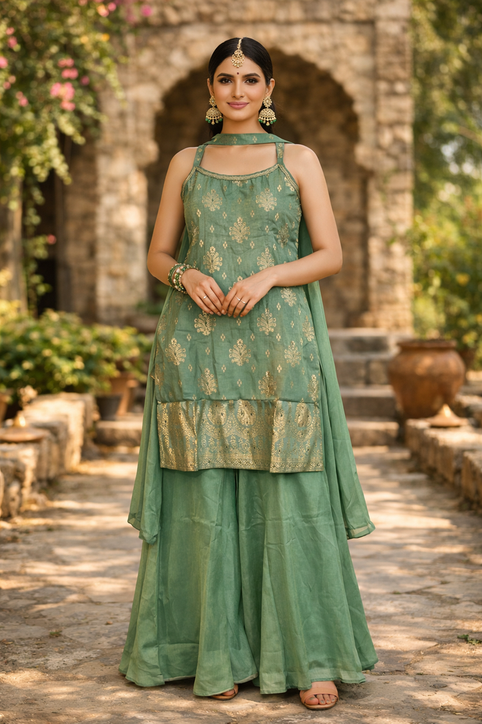 UK 12 / 38" - Sea Green - Ladies Sharara / Palazzo Trousers Suit - UK Stock - Sangeet / Henna / Weddings - OC21179 VA