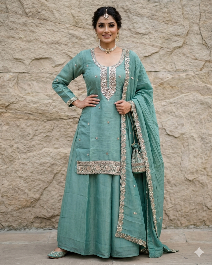 UK 12 / 38" - Sea Green - Ladies Sharara / Palazzo Trousers Suit - UK Stock - Sangeet / Henna / Weddings - DIL13113 TT