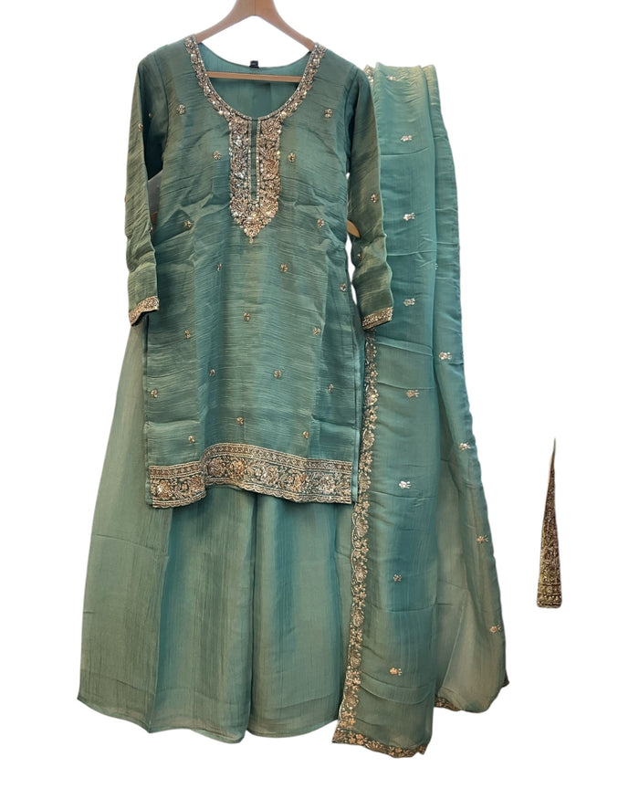 UK 12 / 38" - Sea Green - Ladies Sharara / Palazzo Trousers Suit - UK Stock - Sangeet / Henna / Weddings - DIL13113 TT