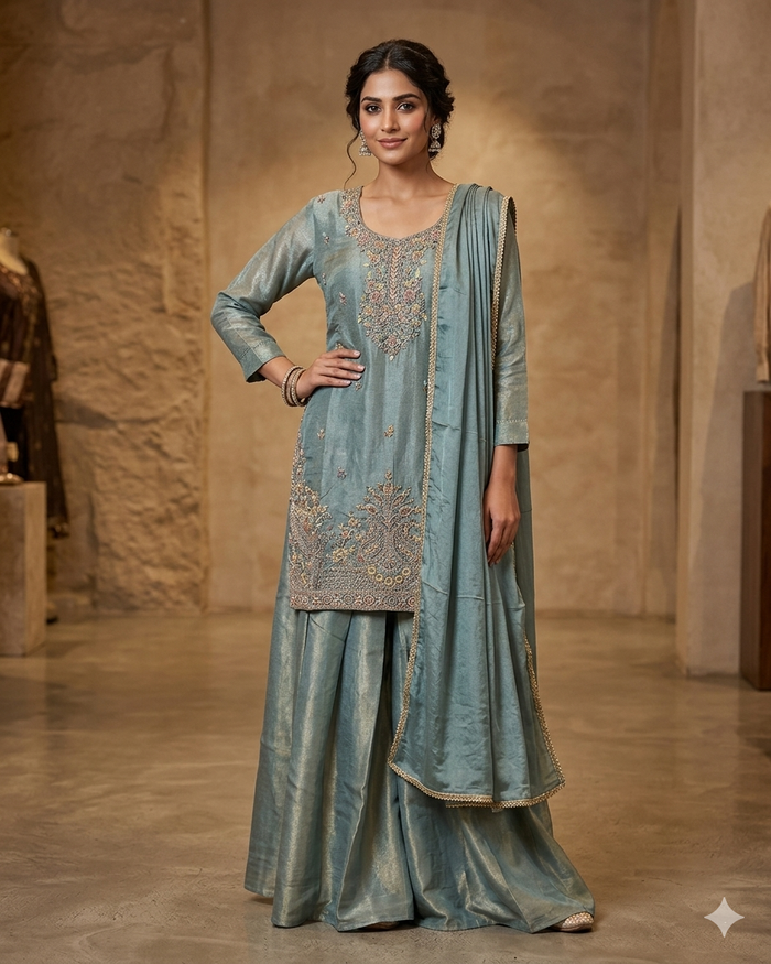 UK 12 / 38" - Sky Blue - Ladies Sharara / Palazzo Trousers Suit - UK Stock - Sangeet / Henna / Weddings - HEL23927 TP