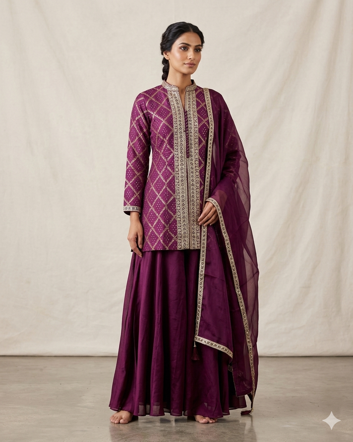 UK 12 / 38" - Wine - Ladies Sharara / Palazzo Trousers Suit - UK Stock - Sangeet / Henna / Weddings - OC21185 VJ