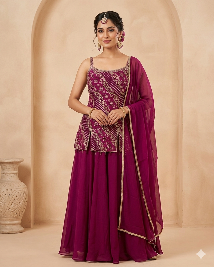 UK 12 / 38" - Wine - Ladies Sharara / Palazzo Trousers Suit - UK Stock - Sangeet / Henna / Weddings - DIL9427 JY