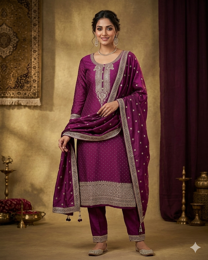 UK 12 / 38" - Wine - Silky Ladies Trousers Suit - Sangeet / Henna / Temple - OC578 VR