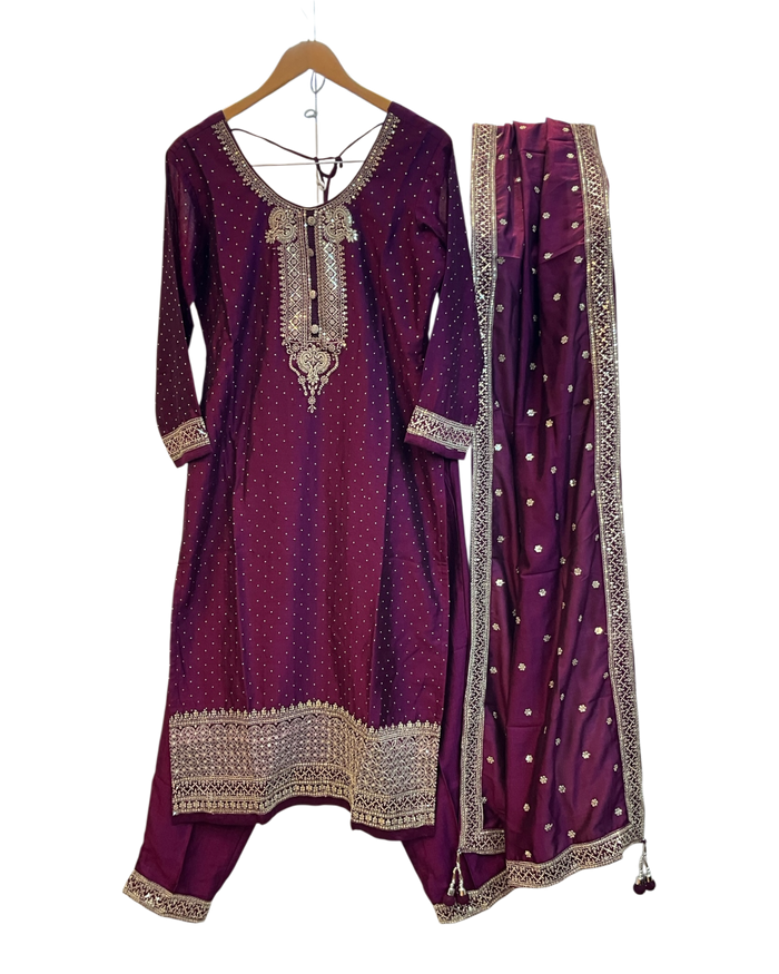 UK 12 / 38" - Wine - Silky Ladies Trousers Suit - Sangeet / Henna / Temple - OC578 VR