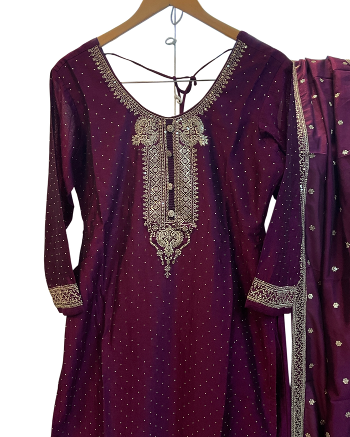 UK 12 / 38" - Wine - Silky Ladies Trousers Suit - Sangeet / Henna / Temple - OC578 VR