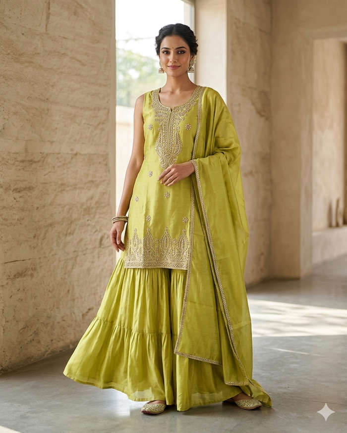 UK 12 / 38" - Yellow - Ladies Sharara / Palazzo Trousers Suit - UK Stock - Sangeet / Henna / Weddings - DIL2740 TT