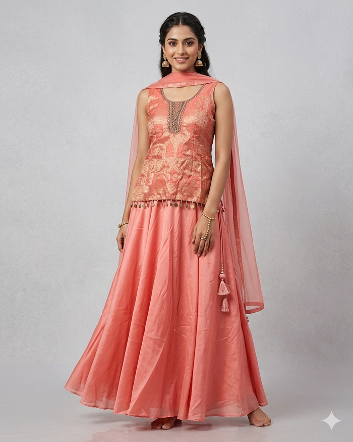UK 14 / 40" - Coral Pink - Ladies Sharara / Palazzo Trousers Suit - UK Stock - Sangeet / Henna / Weddings - DIL86058 TP