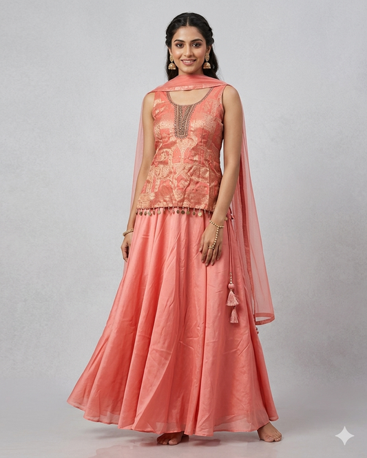 UK 14 / 40" - Coral Pink - Ladies Sharara / Palazzo Trousers Suit - UK Stock - Sangeet / Henna / Weddings - DIL86058 TP