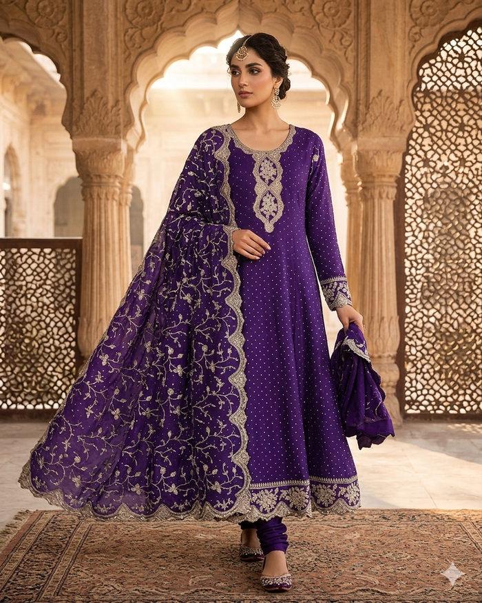UK 14 / 40" - Purple - Crepe Ladies Anarakali Trousers Suit - Sangeet / Henna / Temple - OC16117 JY