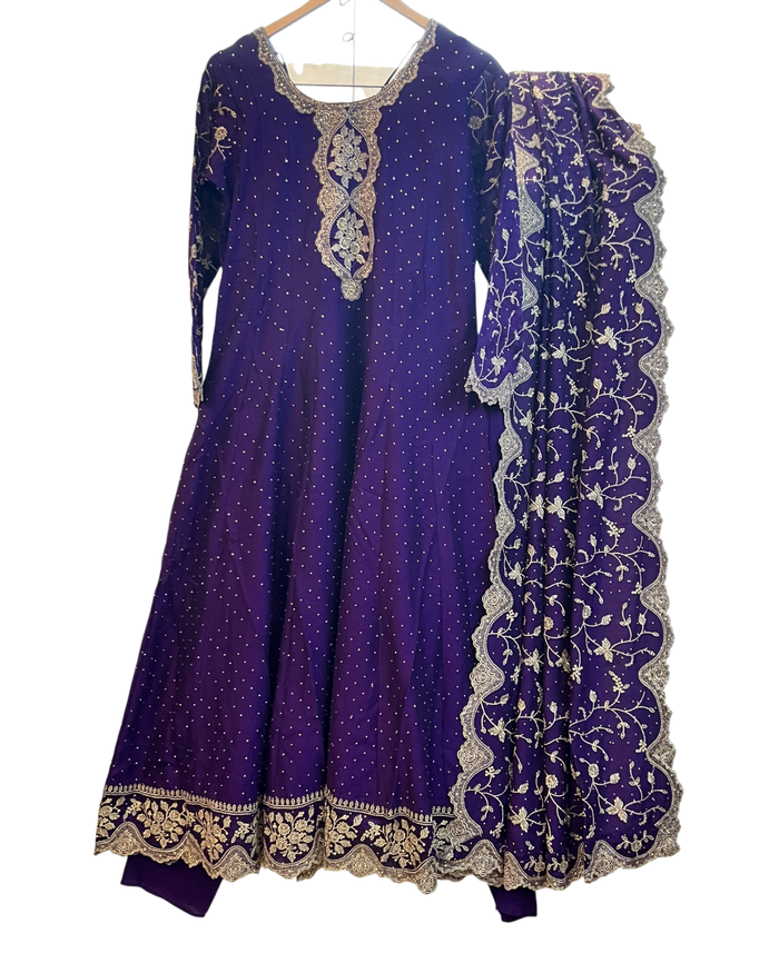 UK 14 / 40" - Purple - Crepe Ladies Anarakali Trousers Suit - Sangeet / Henna / Temple - OC16117 JY