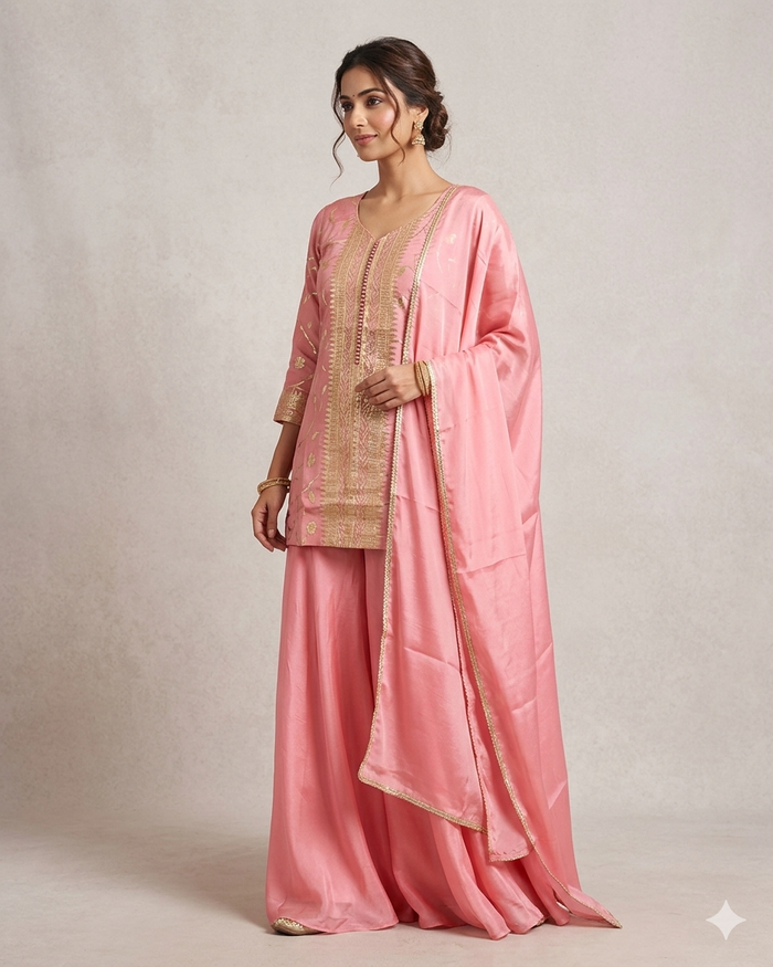 UK 16 / 42" - Baby Pink- Ladies Sharara / Palazzo Trousers Suit - UK Stock - Sangeet / Henna / Weddings - DIL29006 VP