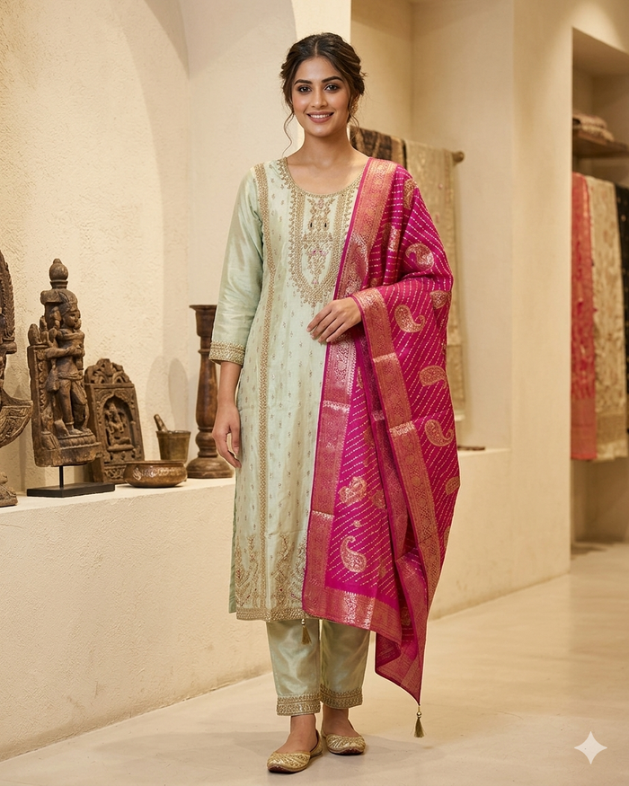 UK 16 / 42" - Cream - Silky Ladies Trousers Suit - Sangeet / Henna / Temple - OC45124 TT