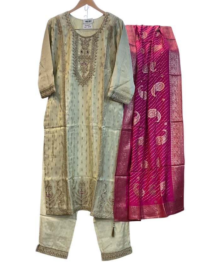 UK 16 / 42" - Cream - Silky Ladies Trousers Suit - Sangeet / Henna / Temple - OC45124 TT