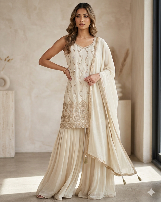 UK 16 / 42" - Cream / Light Gold - Crepe Ladies Sharara / Palazzo Trousers Suit - Sangeet / Henna / Temple - OC76137 TA