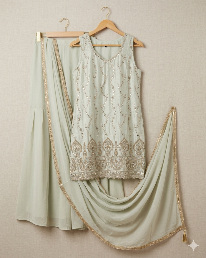 UK 16 / 42" - Cream / Light Gold - Crepe Ladies Sharara / Palazzo Trousers Suit - Sangeet / Henna / Temple - OC76137 TA