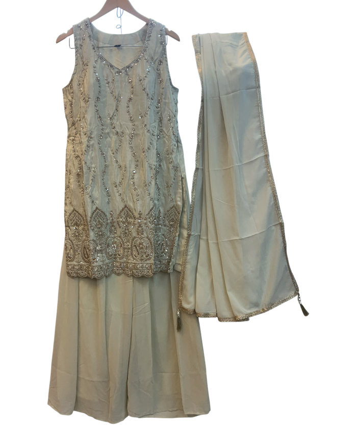 UK 16 / 42" - Cream / Light Gold - Crepe Ladies Sharara / Palazzo Trousers Suit - Sangeet / Henna / Temple - OC76137 TA