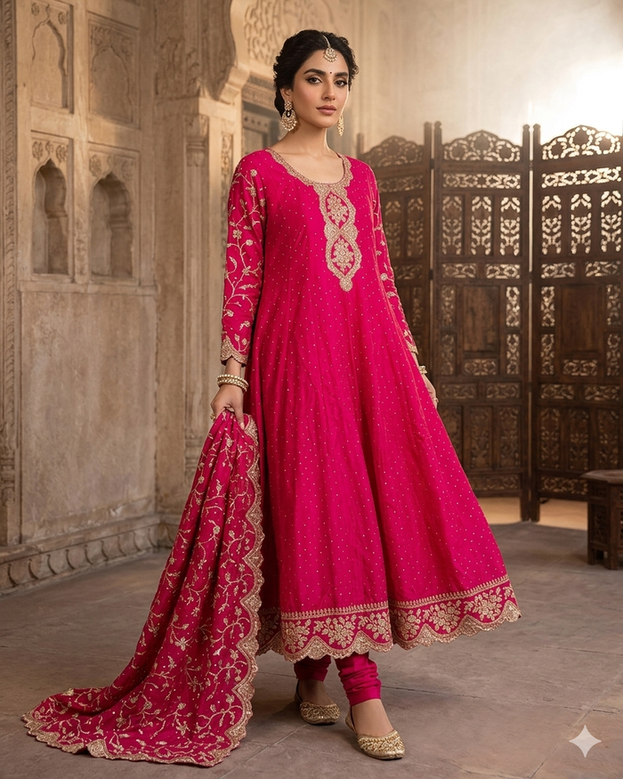 UK 16 / 42" - Fuchsia Pink - Crepe Ladies Anarkali Trousers Suit - Sangeet / Henna / Temple - OC16117 JY