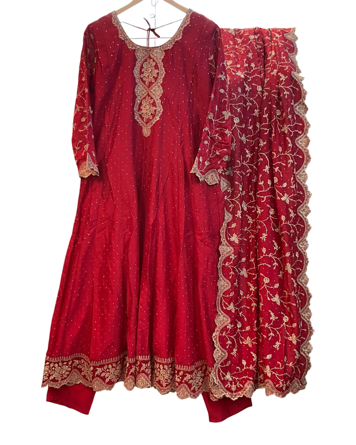 UK 16 / 42" - Fuchsia Pink - Crepe Ladies Anarkali Trousers Suit - Sangeet / Henna / Temple - OC16117 JY