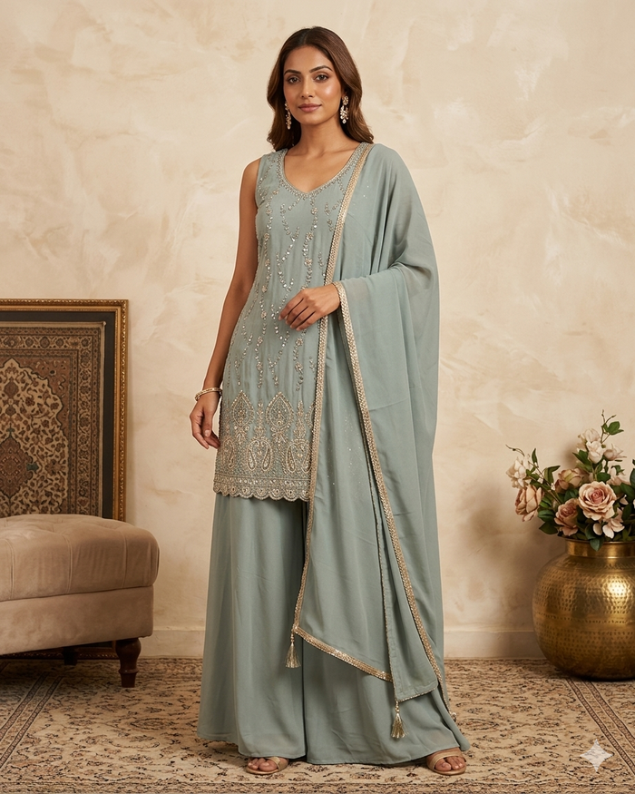 UK 16 / 42" - Sea Green - Crepe Ladies Sharara / Palazzo Trousers Suit - Sangeet / Henna / Temple - OC76137 TA