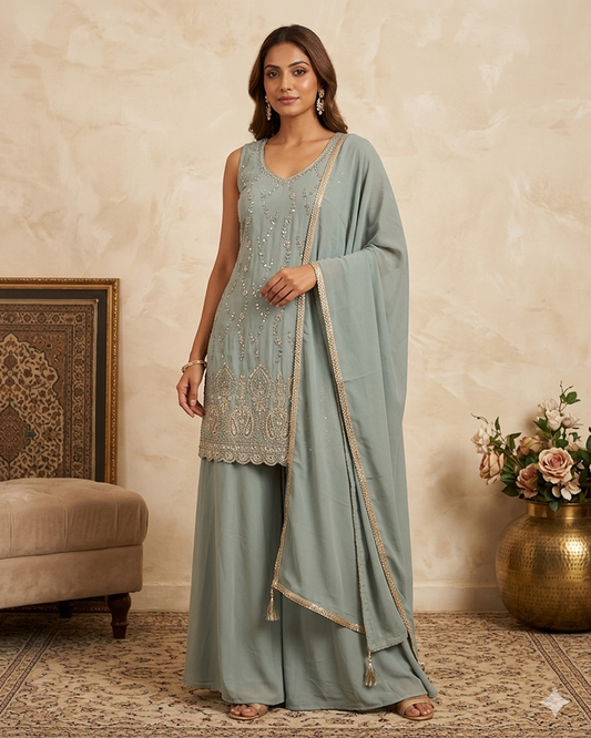 UK 16 / 42" - Sea Green - Crepe Ladies Sharara / Palazzo Trousers Suit - Sangeet / Henna / Temple - OC76137 TA