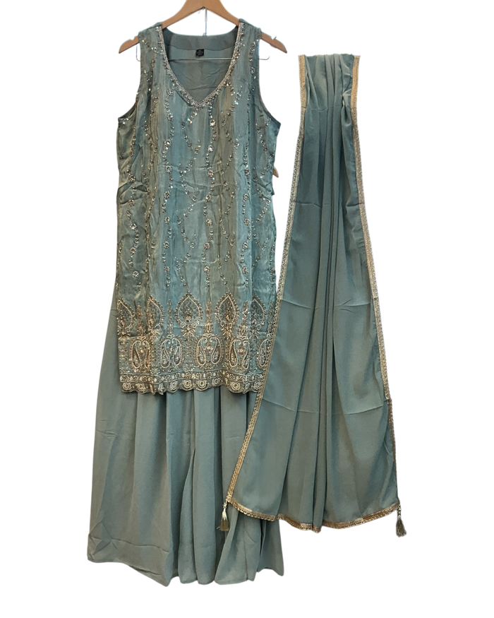 UK 16 / 42" - Sea Green - Crepe Ladies Sharara / Palazzo Trousers Suit - Sangeet / Henna / Temple - OC76137 TA