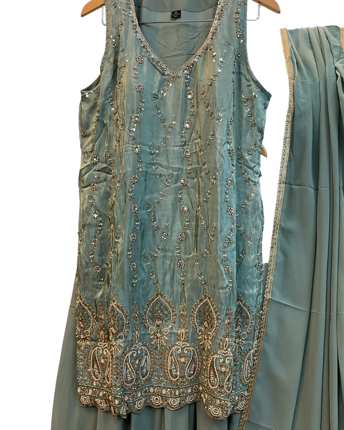 UK 16 / 42" - Sea Green - Crepe Ladies Sharara / Palazzo Trousers Suit - Sangeet / Henna / Temple - OC76137 TA