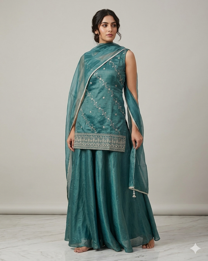UK 16 / 42" - Teal Green - Ladies Sharara / Palazzo Trousers Suit - UK Stock - Sangeet / Henna / Weddings - OC7302 VC