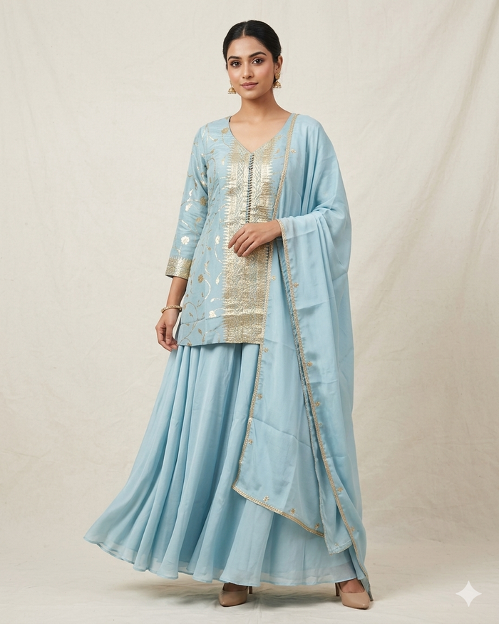 UK 18 / 44" - Sky Blue - Ladies Sharara / Palazzo Trousers Suit - UK Stock - Sangeet / Henna / Weddings - DIL29006 VP