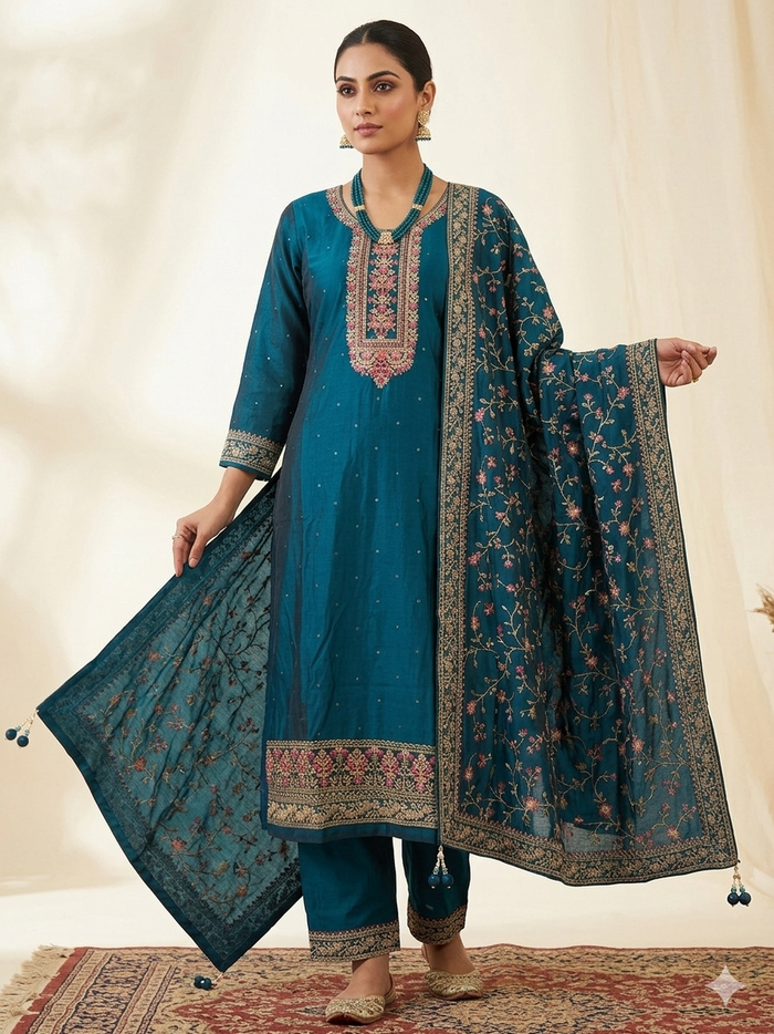 UK 18 / 44" - Teal Blue - Crepe Ladies Trousers Suit - Sangeet / Henna / Temple - OC569 TP