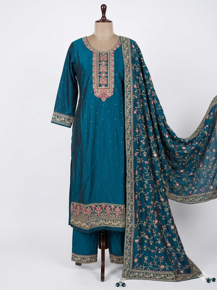UK 18 / 44" - Teal Blue - Crepe Ladies Trousers Suit - Sangeet / Henna / Temple - OC569 TP
