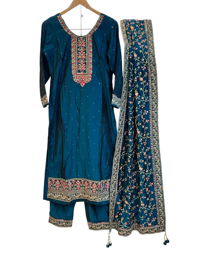 UK 18 / 44" - Teal Blue - Crepe Ladies Trousers Suit - Sangeet / Henna / Temple - OC569 TP