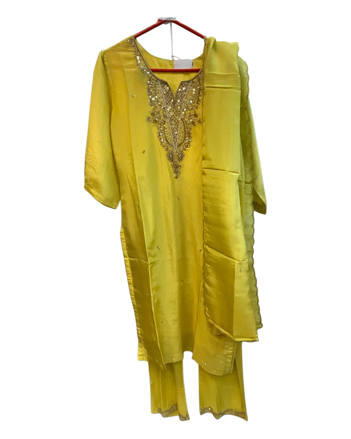 UK14 / 40" - Lemon Yellow - Silky Ladies Trousers Suit - Sangeet / Henna / Temple - KCS250190 TY