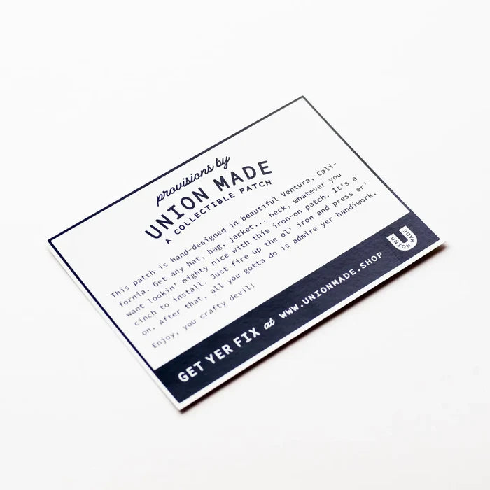 White card displays Union Made Fish Skeleton Embroidered Patch with black text, branding, and fish skeleton design visible.