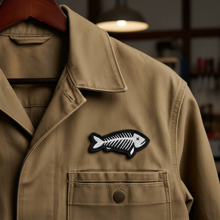 Forager Provisions LTD fish skeleton embroidered patch ironed onto a tan canvas work jacket