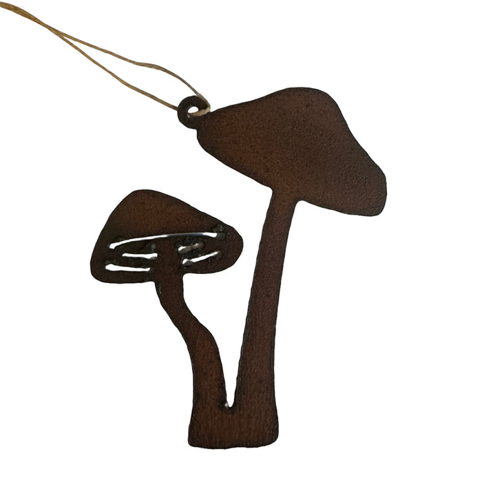 Forager Provisions LTD iron double mushroom hanging ornament with a rustic weathered finish for indoor or outdoor decor.
