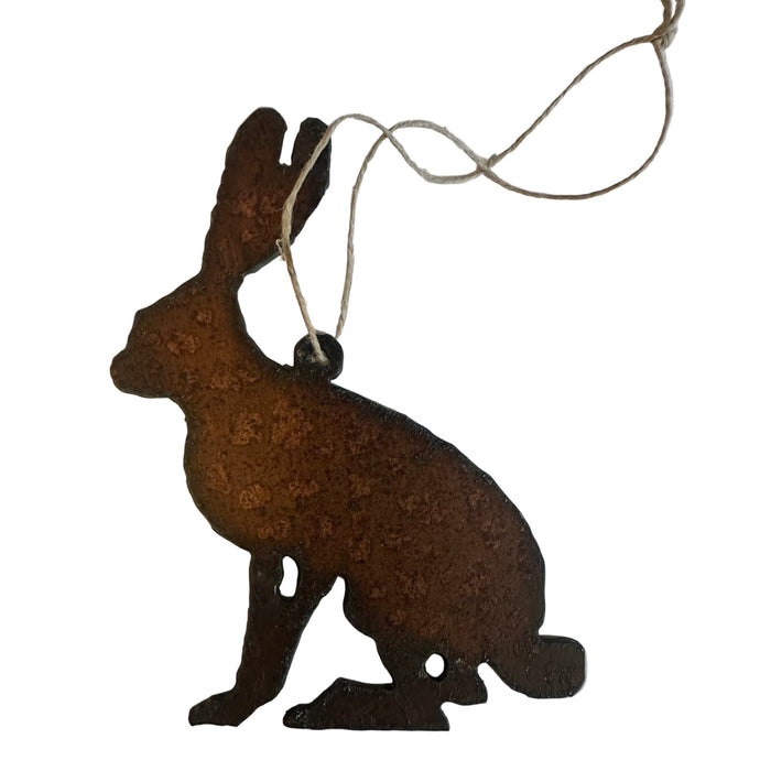 Forager Provisions LTD rustic iron jack rabbit hanging ornament with a natural rusted finish for indoor or outdoor decor