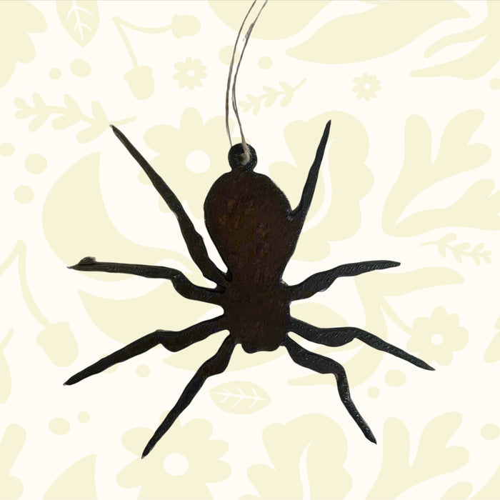 Forager Provisions LTD hanging spider ornament made from 18 gauge steel with a rustic dark iron finish.