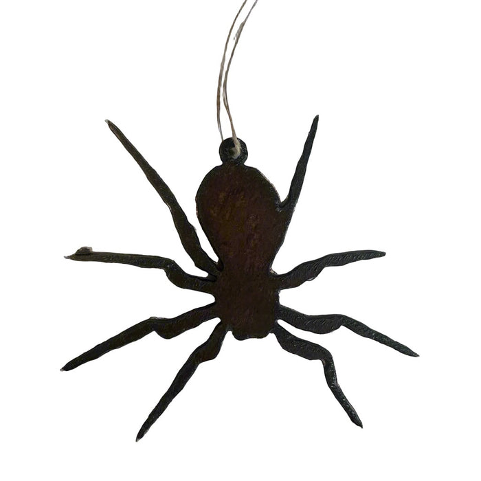 Universal Ironworks Spider Hanging Decoration—black metal spider ornament hangs by string, Halloween décor, white background.