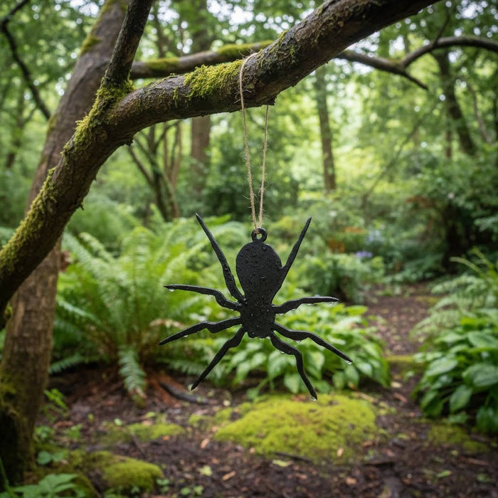 Forager Provisions LTD iron spider hanging decoration with a rustic finish suspended from a mossy tree branch outdoors.