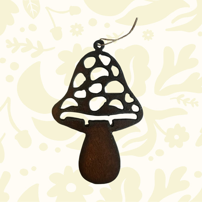 Universal Ironworks dark brown iron mushroom hanging decoration with stylish cut-outs, perfect garden ornament or outdoor decor.